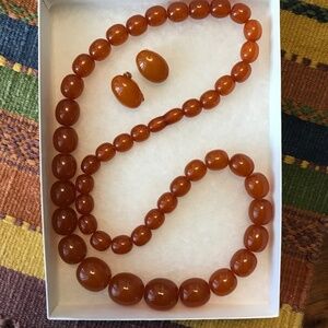 Amber Lucite/Celluloid Necklace & Clip-on Earrings